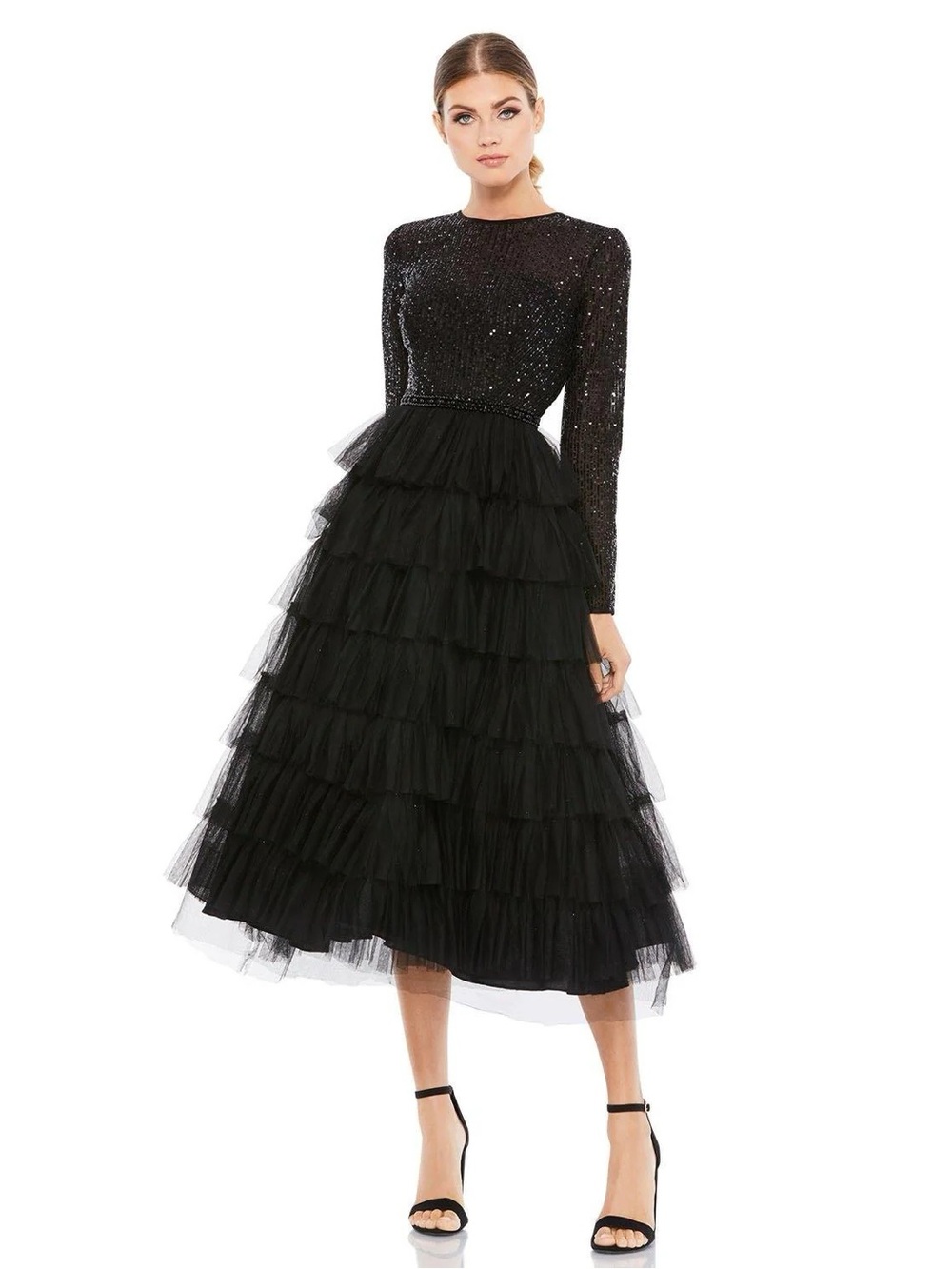 Mac Duggal 26299 Black Long Sleeve Sequin Tiered Tulle Dress *IMPERFECTIONS*